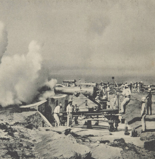 Historic black and white image of a big gun practice at Middle Head from 1884 to 1917.