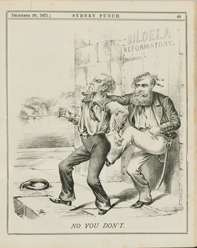 Sydney Punch Depiction of Raid by American Sailors at Biloela Reformatory. Punch, December 30, 1871, page 49.