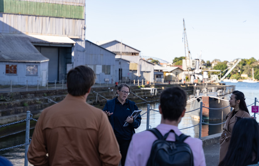 Visitors exploring Cockatoo Island's Docks Precinct while on our Island Highlights Tour.